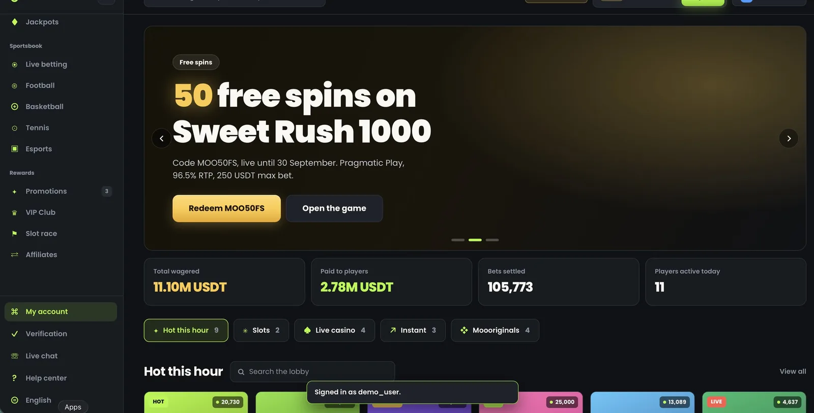 moo.bet player lobby with promotions carousel and game categories